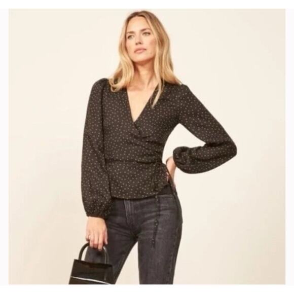 Reformation Alaina Wrap Top Ditto Dot Black White Polka Dot Print Blouse Shirt M - Picture 1 of 6